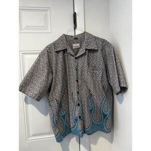 David Carey Originals Men's Gray Blue Flame Short Sleeves Button Up Shirt L Y2K